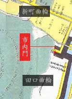 村上城・市内門の周辺図。