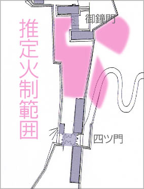 村上城・御鐘門の推定火制範囲図