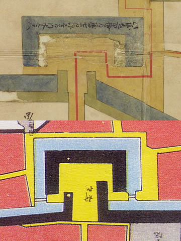 「正保の城絵図」に描かれた庄内町桝形、「内藤侯治城明治維新時代村上城下絵図」に描かれた庄内町桝形
